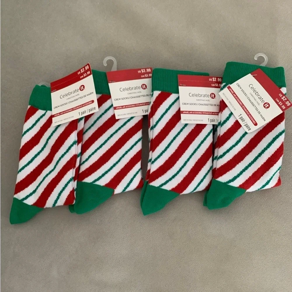NWT Adult Christmas Socks Red, Green White Candy Cane Stripes Set of 4